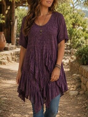 Papa Vancouver Plum Boho Beaded Ruffle Asymmetrical Tunic Festival Artsy